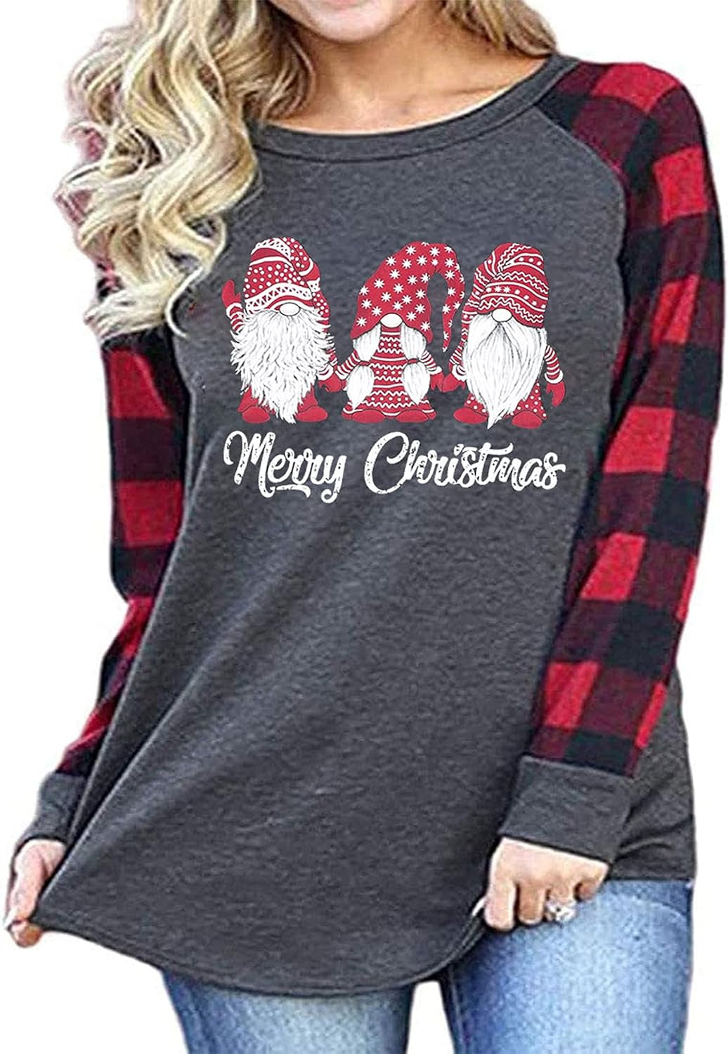 Plus Size Merry Christmas Baseball T-Shirt Women Long Sleeve Holiday Xmas Splicing Tee Tops
